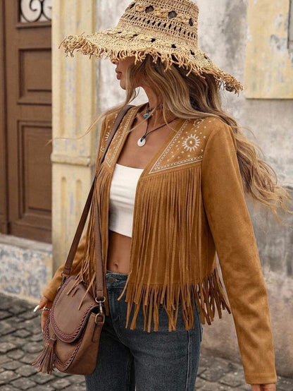 Evangeline Fringe Trim Open Front Crop Jacket - Khaki