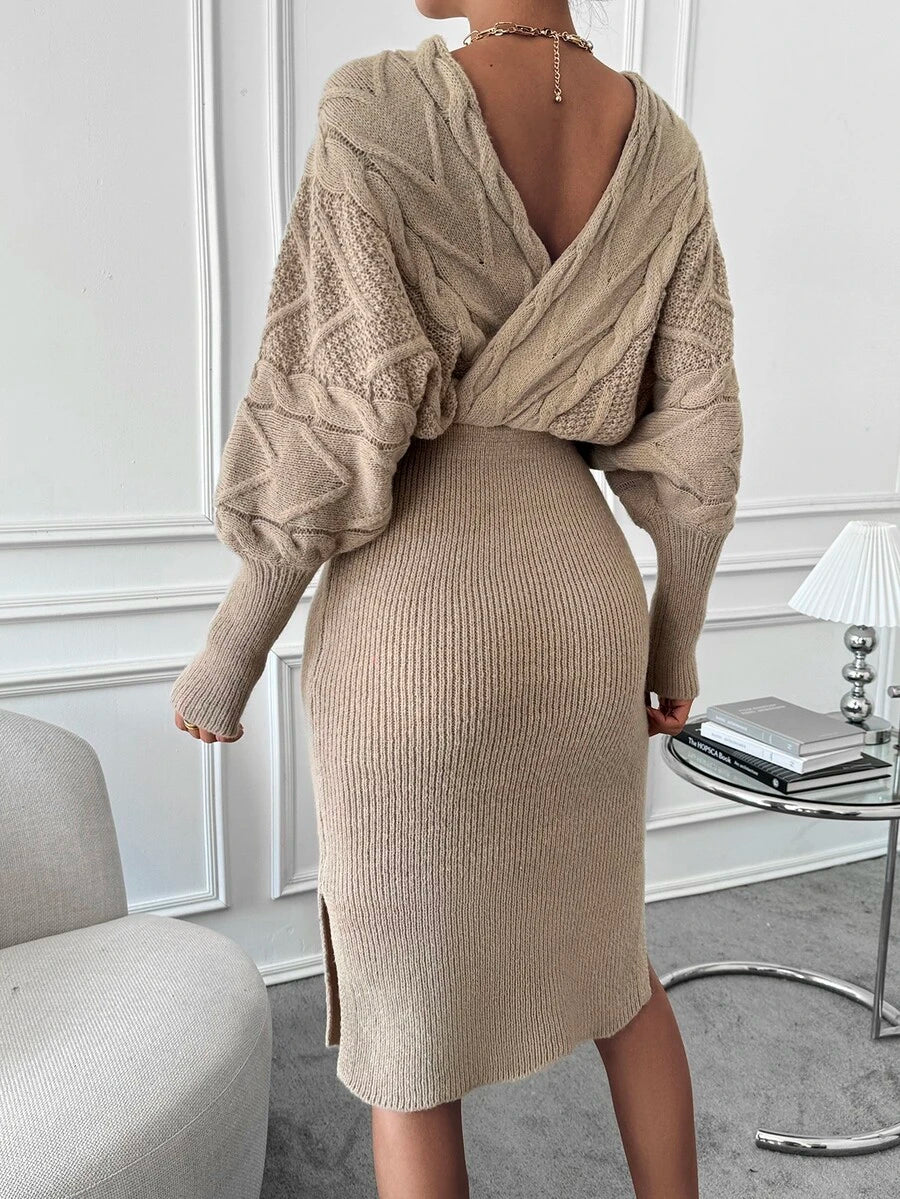 Women's Cable Knit Wrap Sweater Dress, Batwing Sleeve Knit Dress for Fall Winter - Navy Blue