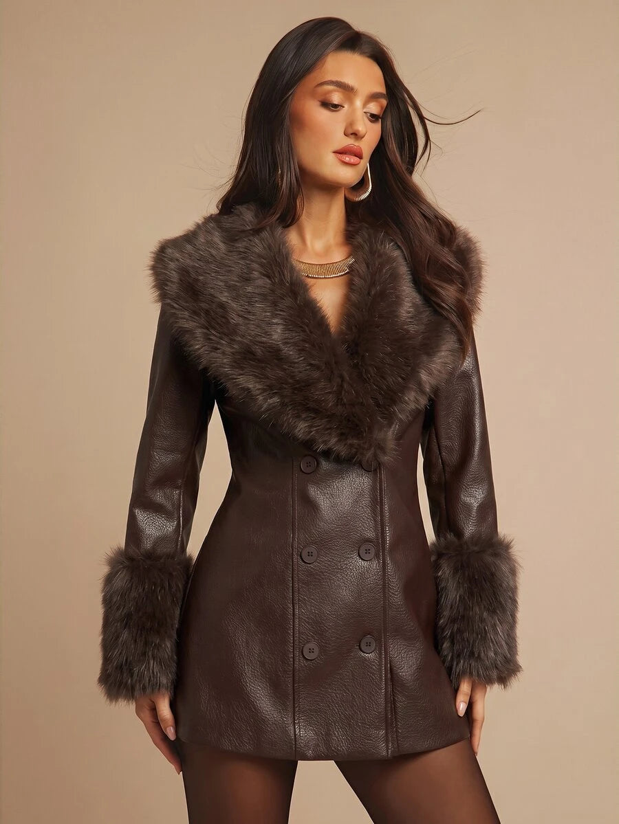 Saint Moritz Faux Fur Collar Double Breasted Faux Leather Jacket
