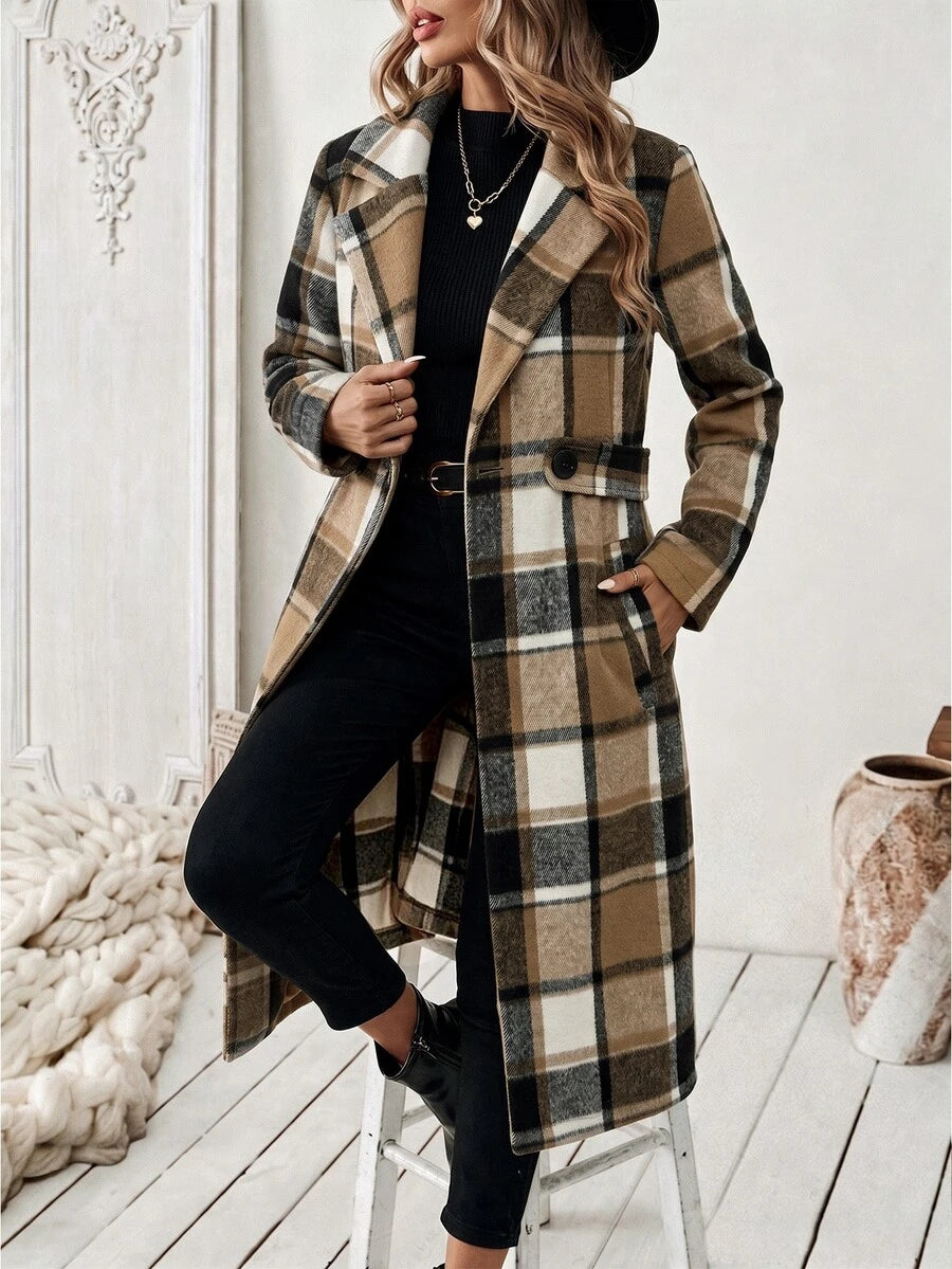 Josephine Belted Notched Collar Double-Breasted Long Coat - Cream Plaid