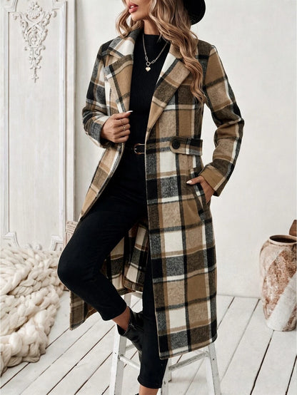 Josephine Belted Notched Collar Double-Breasted Long Coat - Cream Plaid