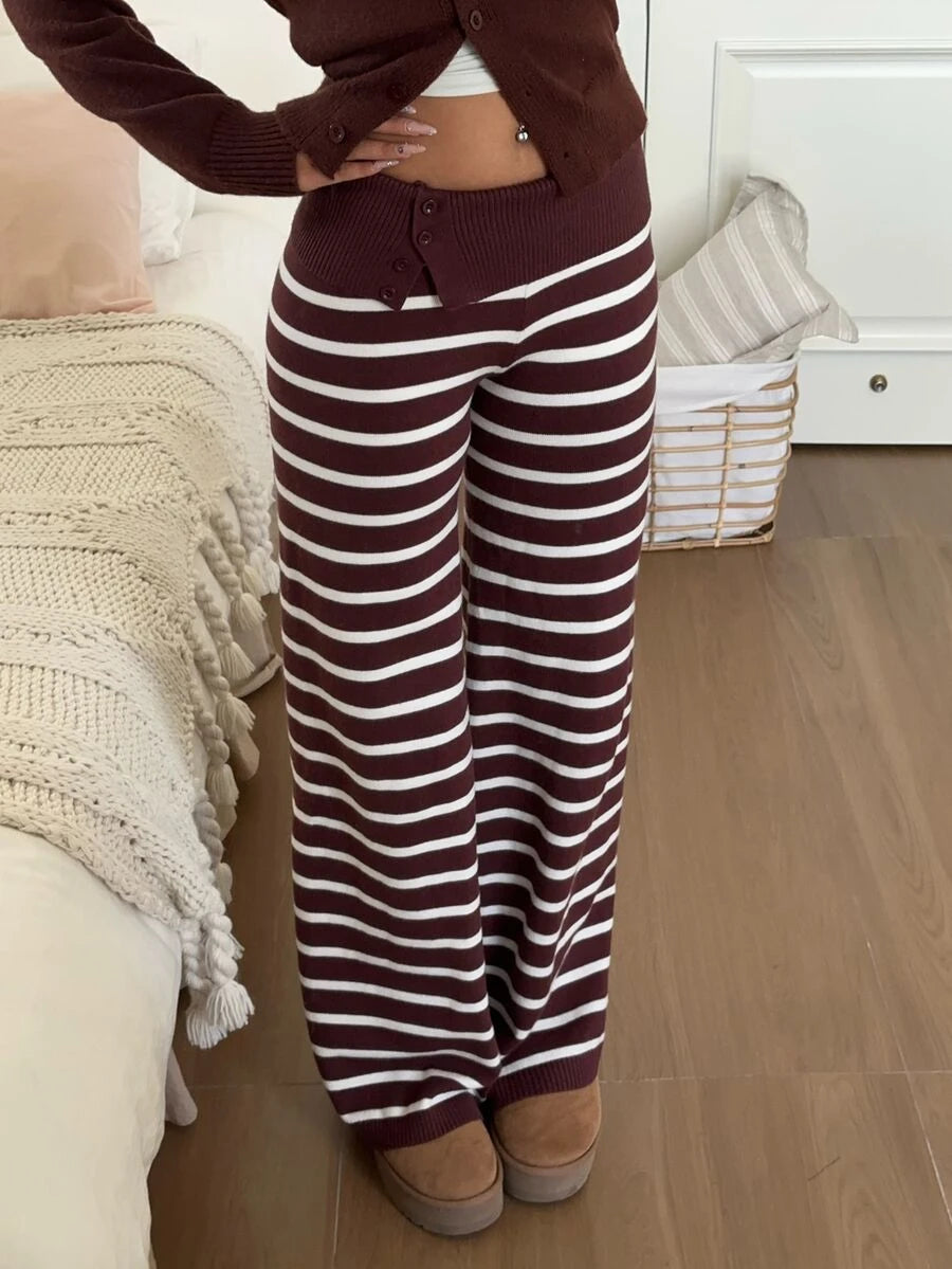 Rosalba Ribbed Knit Fold-Over Waist Flare Pants - Khaki
