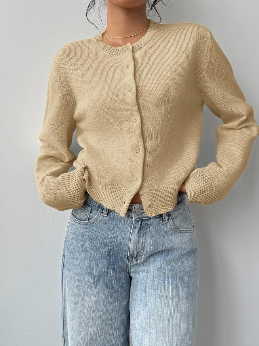 Elowen Round Neck Cropped Cardigan - Beige