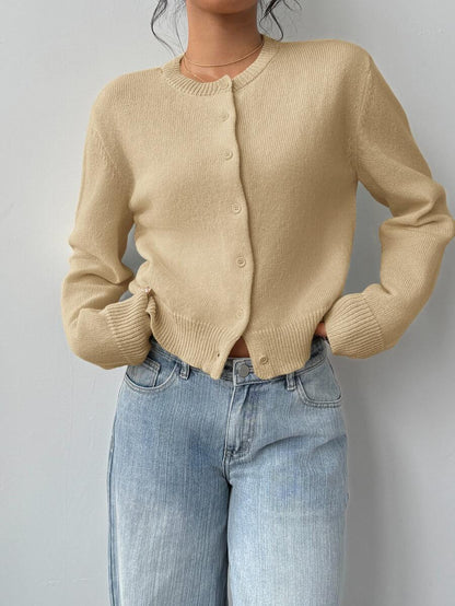 Elowen Round Neck Cropped Cardigan - Beige