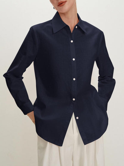 Arabella Classic Collared Button Down Long Sleeve Cotton Shirt - Navy Blue