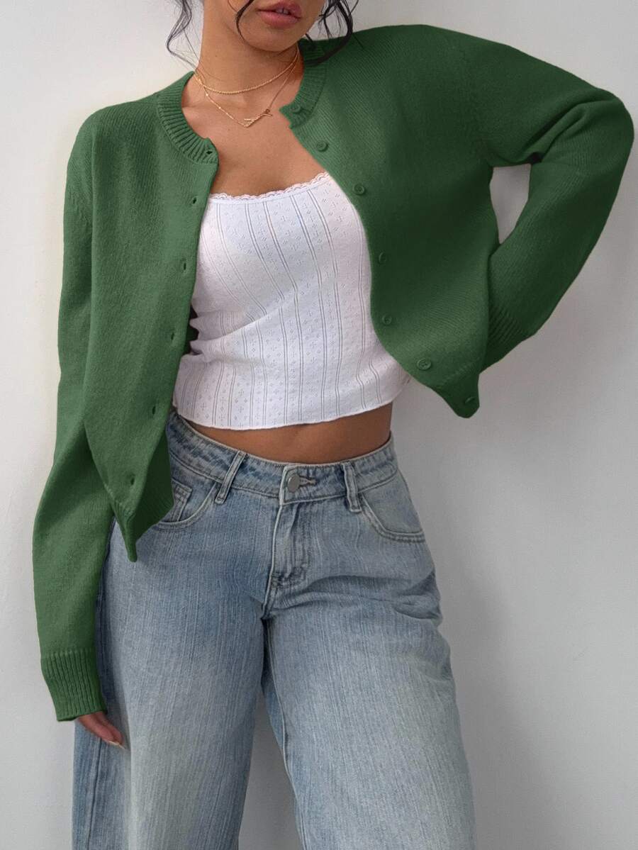Elowen Round Neck Cropped Cardigan - Green