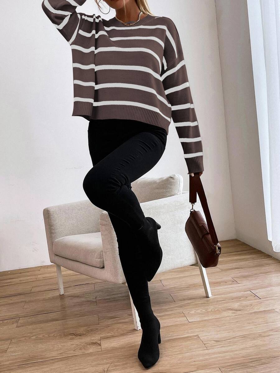 Audrey Striped Drop Shoulder Pullover Sweater - Grey