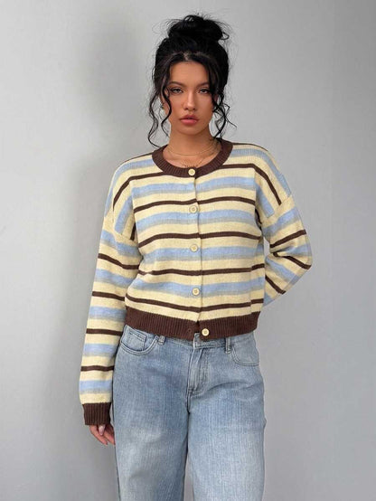 Elowen Round Neck Cropped Cardigan - Brown