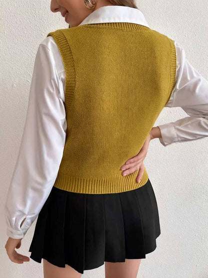 Winifred Classic Cable Knit V-Neck Sleeveless Sweater Vest - Mustard