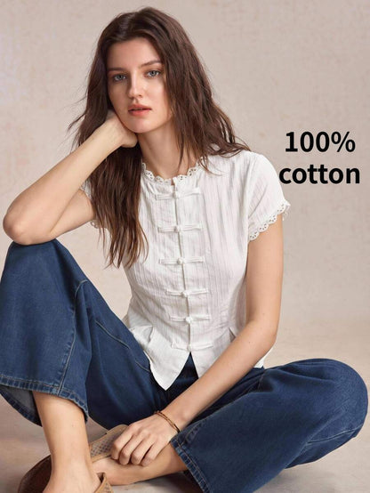 Mirabel Lace Trim Frog Button Short Sleeve Cotton Blouse - White