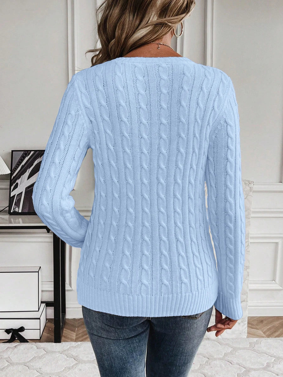 Livia Twist Cable Knit Crew Neck Sweater Fitted Pullover - Light Blue