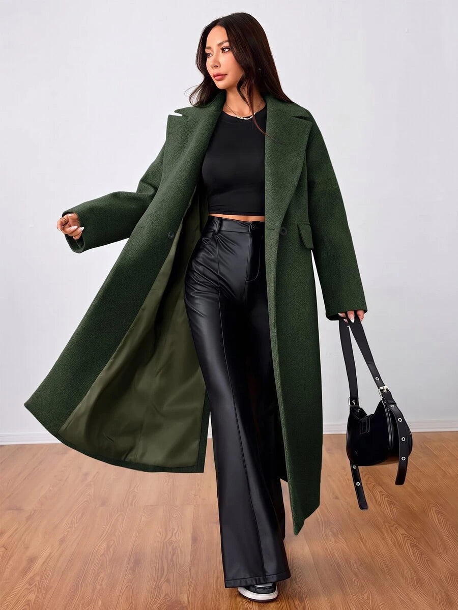 Jolie Oversized Double Breasted Long Coat with Lapel Collar - Forest Green