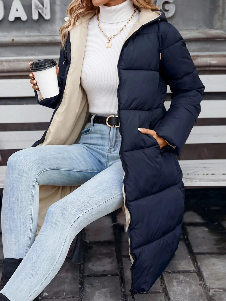 Jasper Long Hooded Puffer Coat with Drawstring - Navy Blue