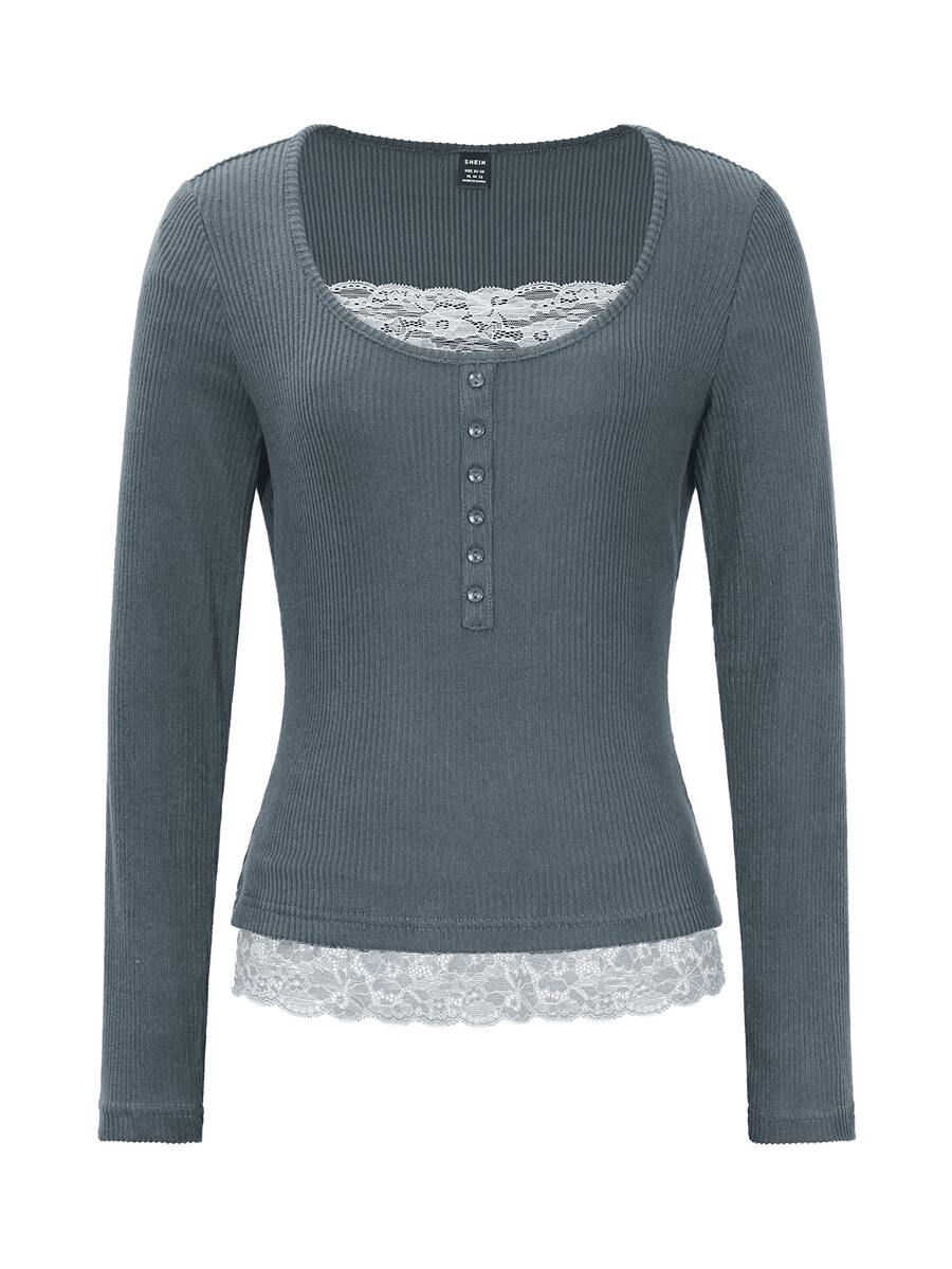 Asheville Lace Trim Layered Look Ribbed Long Sleeve Top