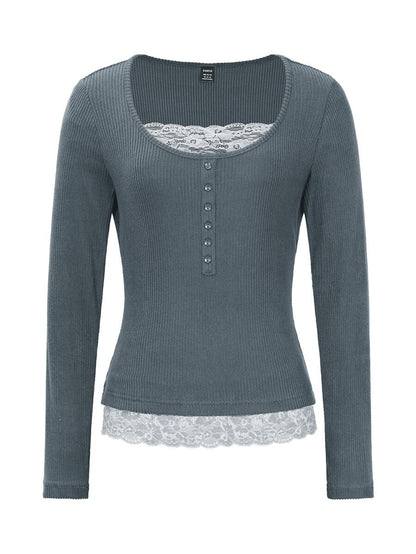 Asheville Lace Trim Layered Look Ribbed Long Sleeve Top