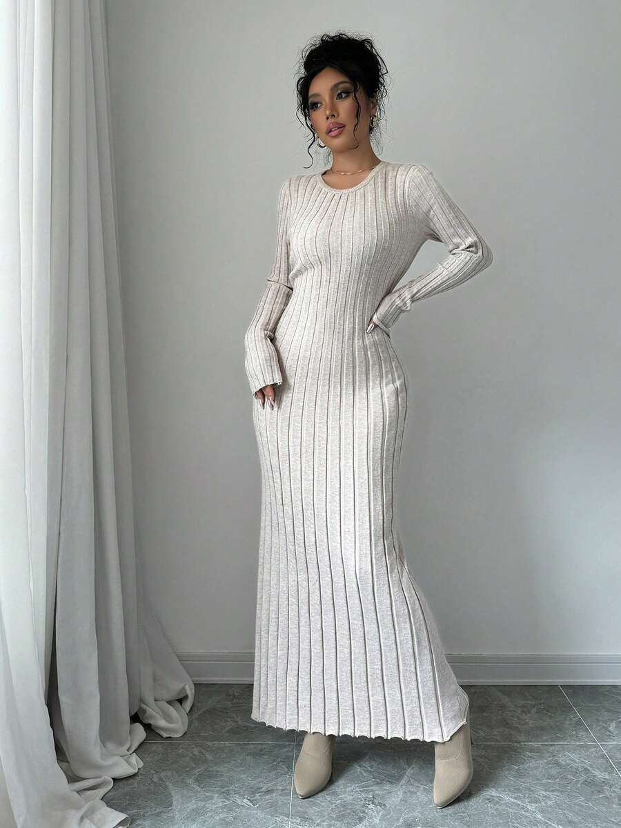 Gdansk Ribbed Knit Crew Neck Bodycon Maxi Sweater Dress
