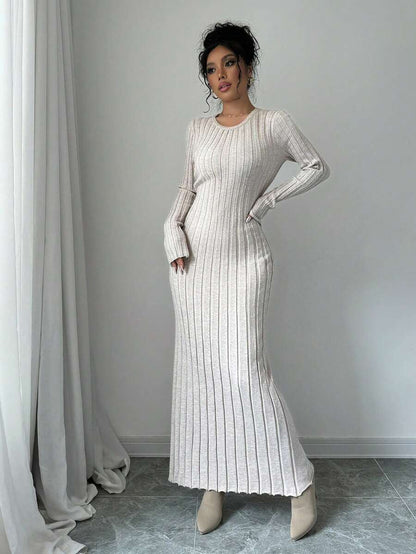 Gdansk Ribbed Knit Crew Neck Bodycon Maxi Sweater Dress
