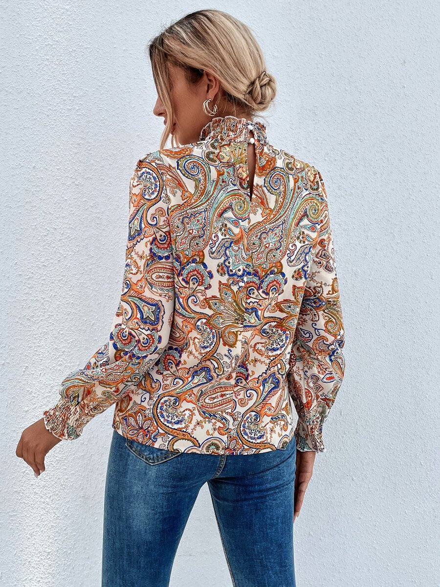 Trieste Paisley Print Frill Trim Mock Neck Blouse