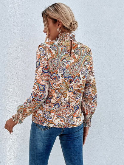 Trieste Paisley Print Frill Trim Mock Neck Blouse