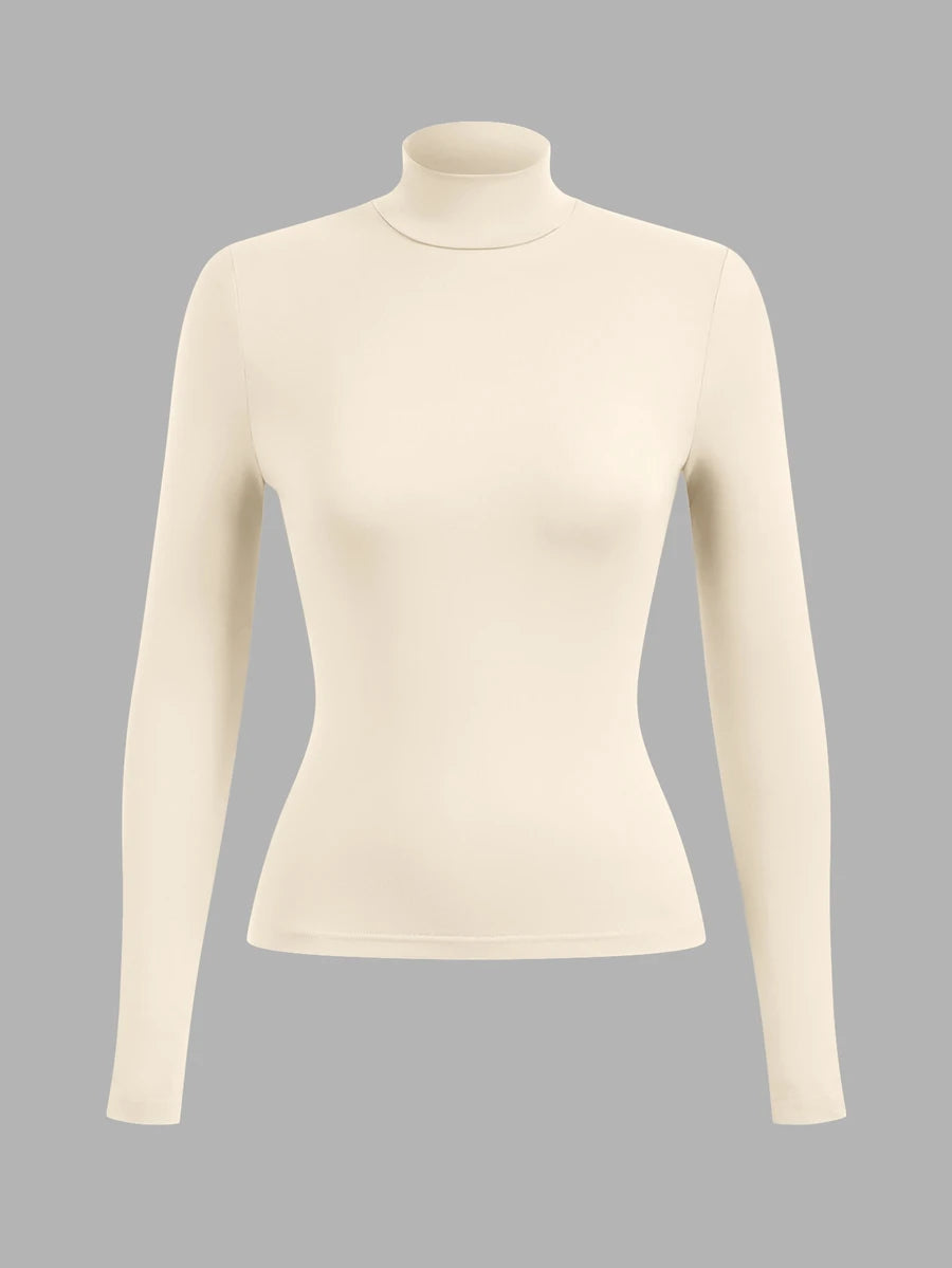 Aberdeen Fleece Lined Thermal Mock Neck Fitted Top - Beige