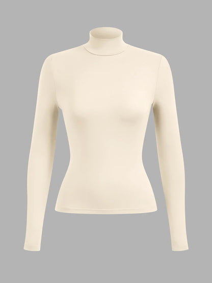 Aberdeen Fleece Lined Thermal Mock Neck Fitted Top - Beige