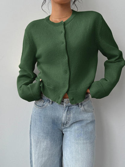 Elowen Round Neck Cropped Cardigan - Green