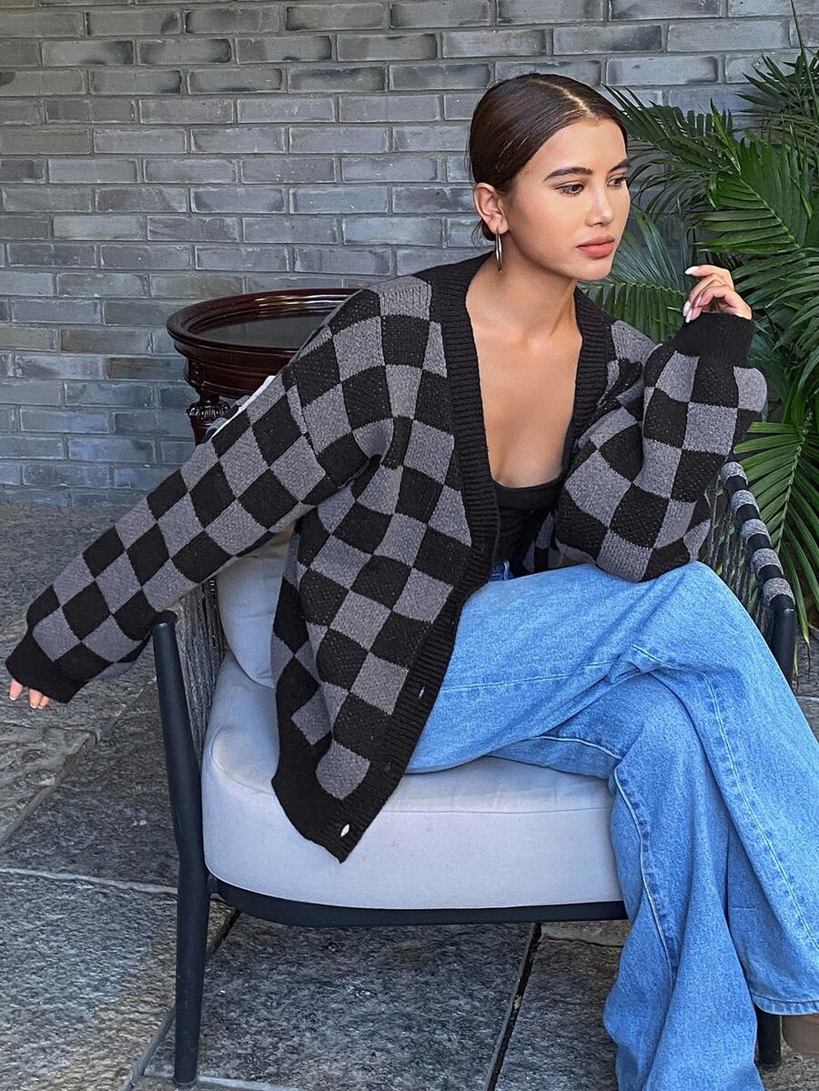 Waverly Checkerboard Knit Cardigan - Black