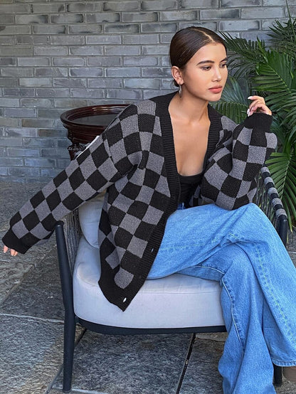 Waverly Checkerboard Knit Cardigan - Black