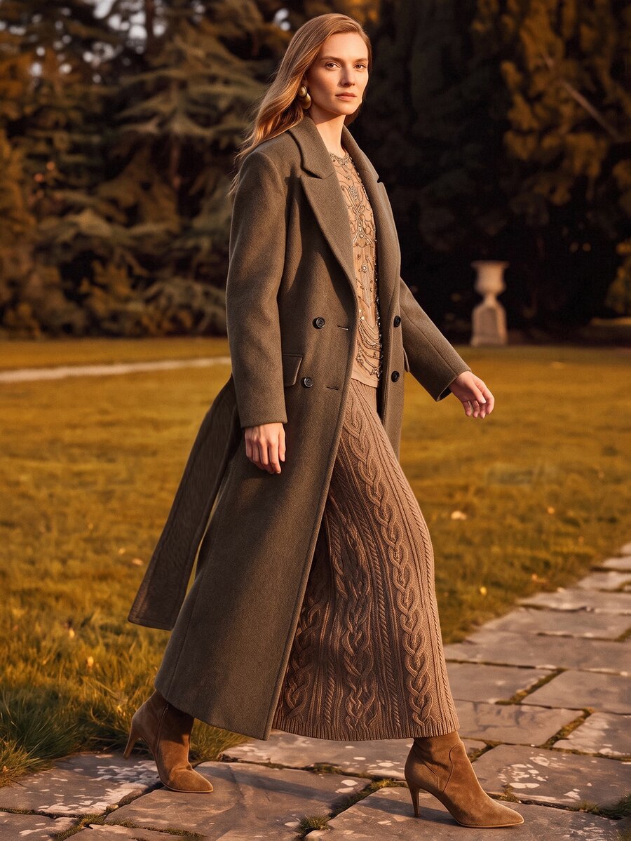 Valeska Belted Double-Breasted Lapel Long Coat with Pockets - Navy Blue