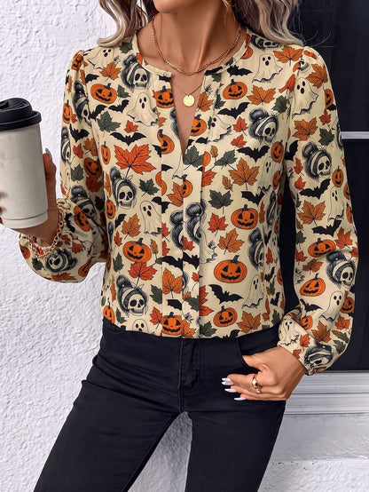 Nell Long Sleeve Blouse with Split V Neck and Lantern Sleeves - Orange Harvest Print