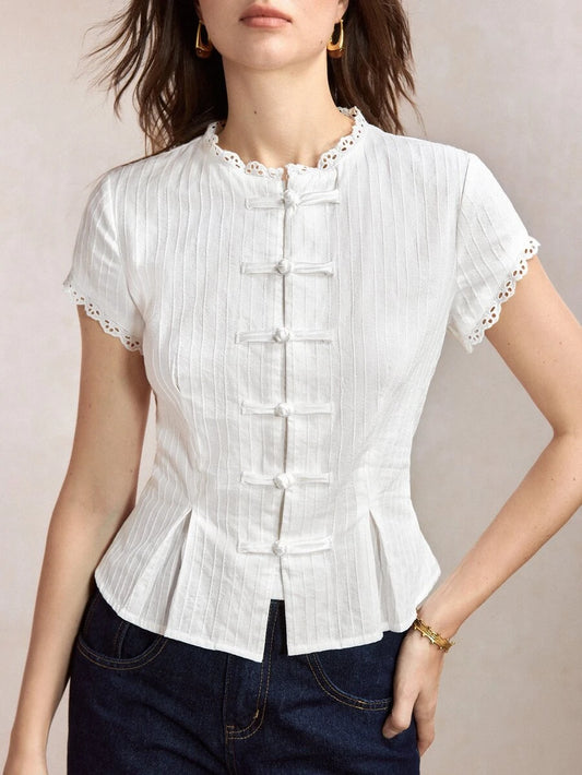 Mirabel Lace Trim Frog Button Short Sleeve Cotton Blouse - White