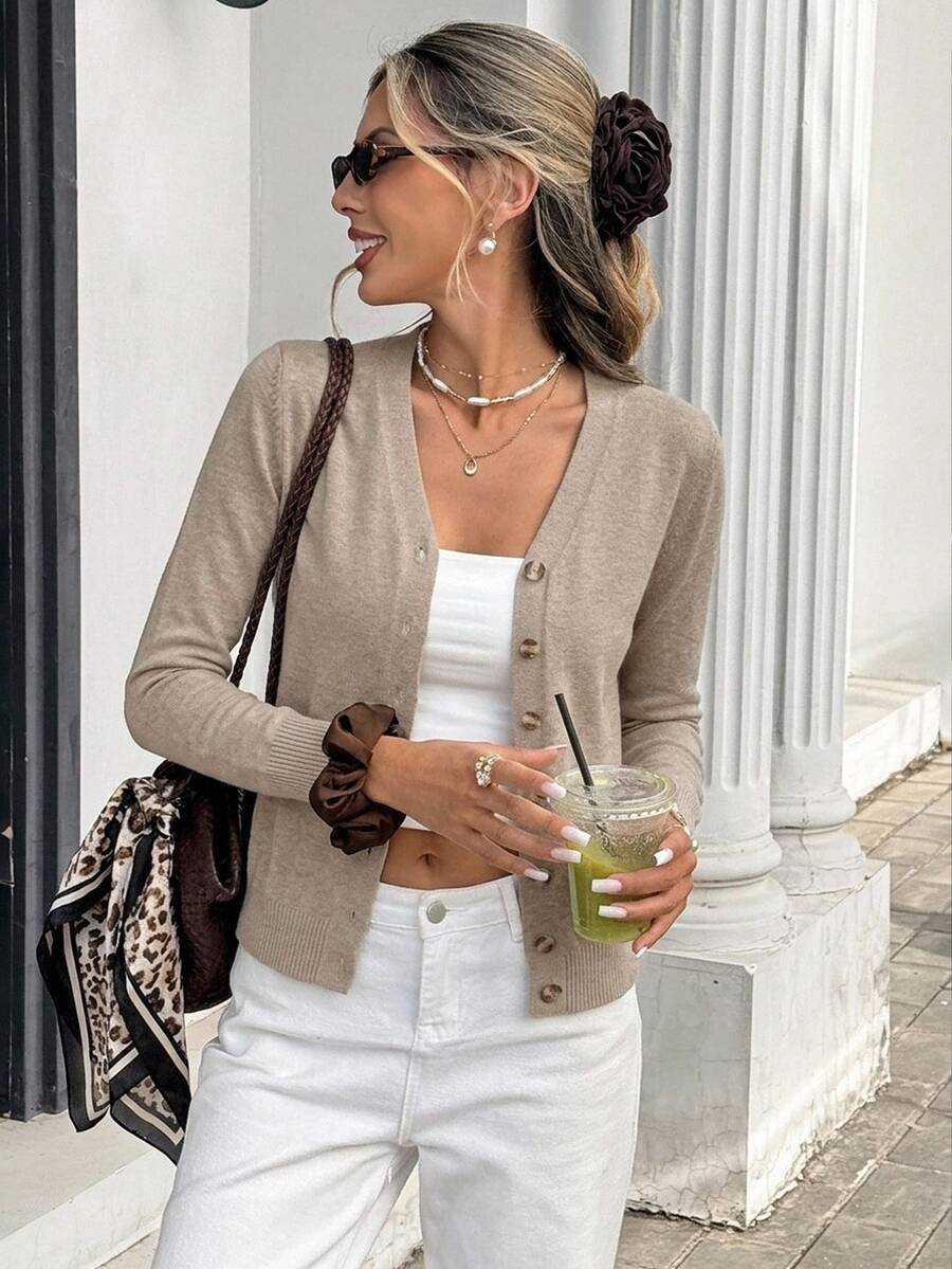 Georgiana Slim Ribbed V-Neck Button Front Knit Cardigan - Khaki