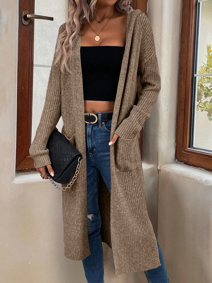 Marianne Hooded Split Hem Longline Duster Cardigan - Mocha Brown
