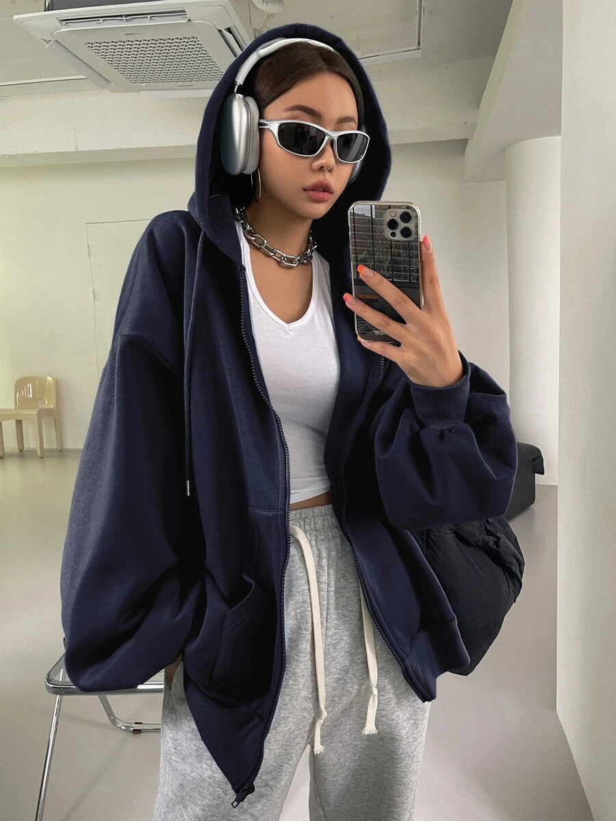 Eleanor Thermal Lined Zip Drawstring Hoodie - Blue