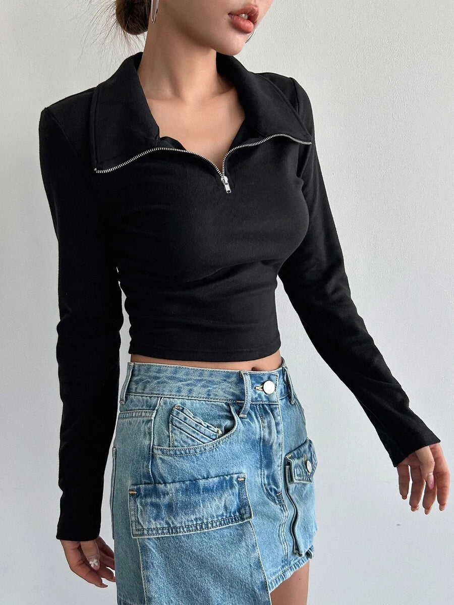 Iris Solid Half Zip Crop Long Sleeve Tee - Black
