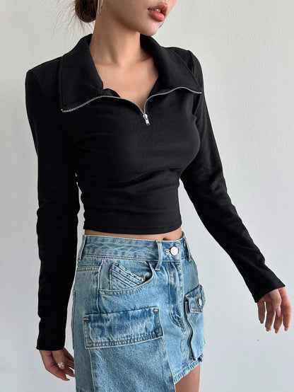 Iris Solid Half Zip Crop Long Sleeve Tee - Black