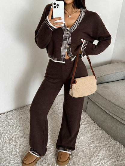 Domenica Contrast Trim Cropped Cardigan and Knit Pants Set - Black