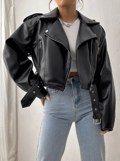 Kamloops Faux Leather Cropped Moto Jacket with Belted Hem