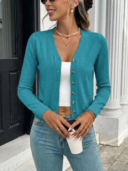 Georgiana Slim Ribbed V-Neck Button Front Knit Cardigan - Teal