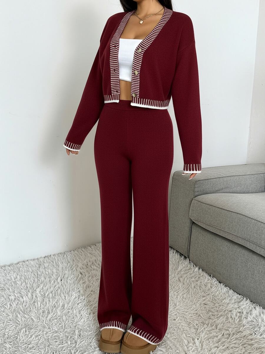 Domenica Contrast Trim Cropped Cardigan and Knit Pants Set - Grey