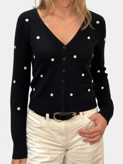 Georgiana Slim Ribbed V-Neck Button Front Knit Cardigan - Black Pearl Embellished