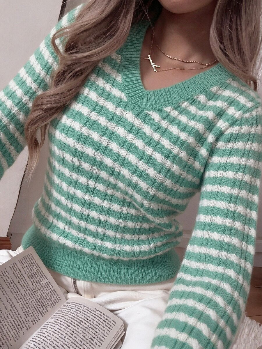 Saskia Slim V Neck Twist Cable Knit Sweater with Contrast Trim - Mint Stripe