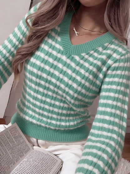 Saskia Slim V Neck Twist Cable Knit Sweater with Contrast Trim - Mint Stripe