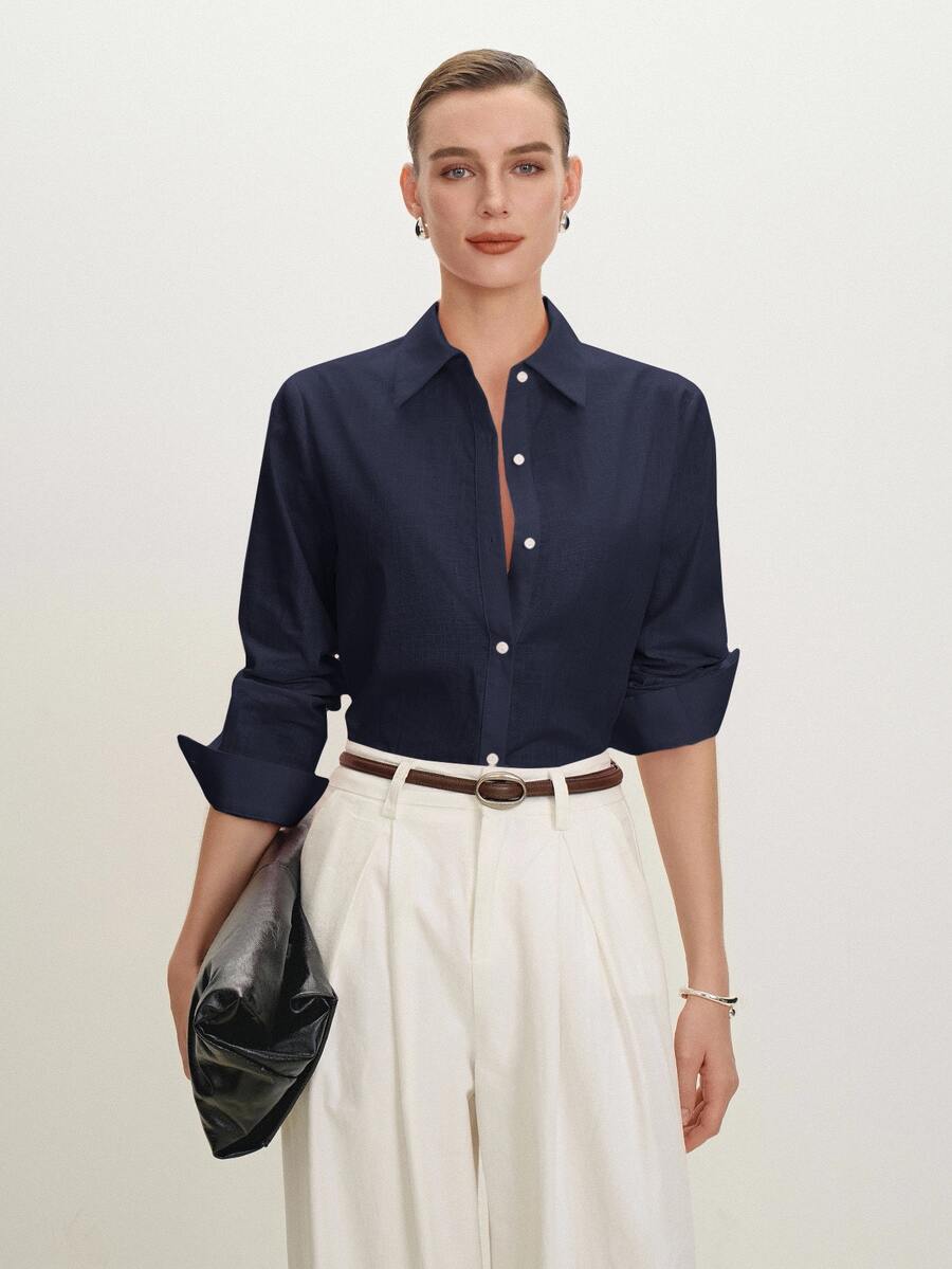 Arabella Classic Collared Button Down Long Sleeve Cotton Shirt - Navy Blue
