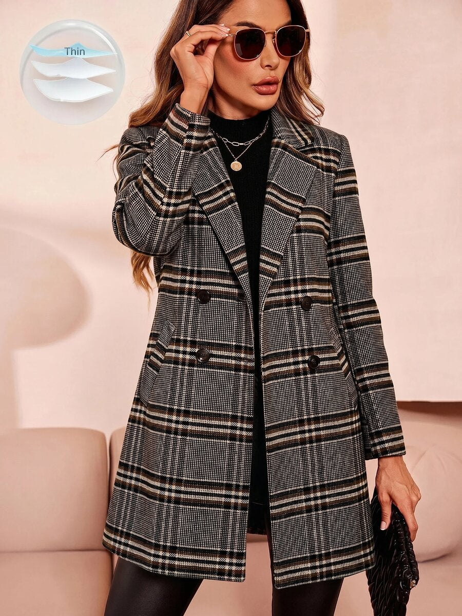 Aveline Double-Breasted Lapel Coat with Tailored Thigh-Length Cut - Grey