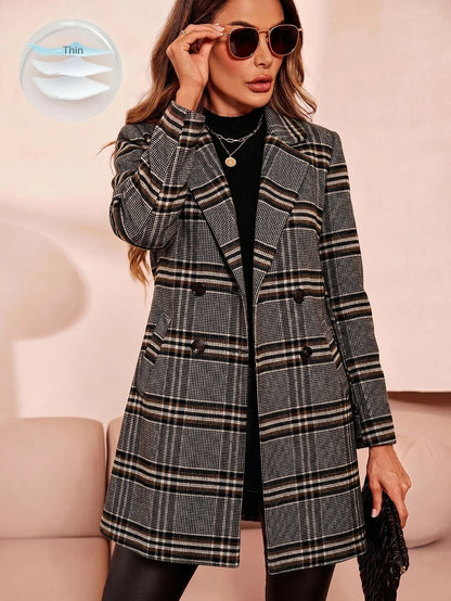 Aveline Double-Breasted Lapel Coat with Tailored Thigh-Length Cut - Grey