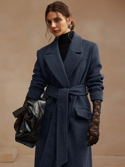 Valeska Belted Double-Breasted Lapel Long Coat with Pockets - Dark Grey