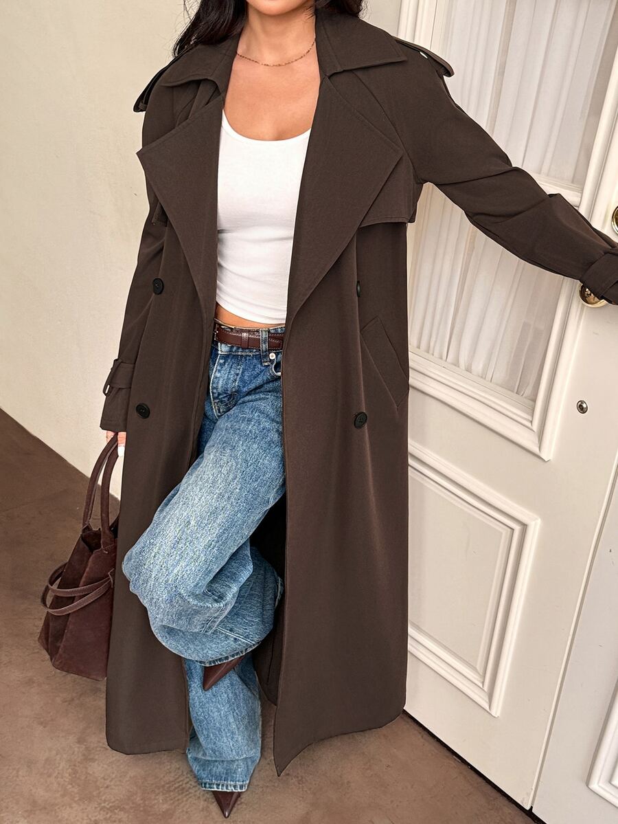 Madeleine Relaxed Double-Breasted Belted Long Trench Coat - Dark Brown