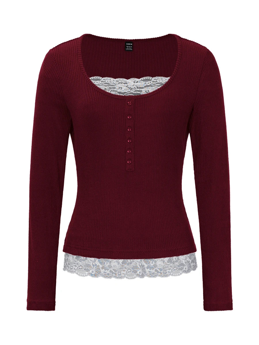 Asheville Lace Trim Layered Look Ribbed Long Sleeve Top