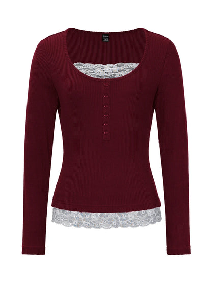 Asheville Lace Trim Layered Look Ribbed Long Sleeve Top